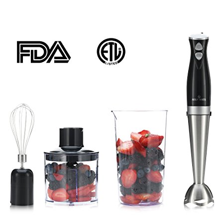 Self-Mate 3 in 1 Dual Speed Immersion Hand Blender Kitchen Set – Stainless Steel 300W Electric Mixer Blending Stick with Interchangeable Whisk Wand, Food Processor Chopper & Beaker Attachments