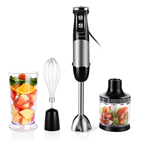 Alfawise 4-in-1 Powerful Hand Blender 400W 8-Speed Hand Immersion Stick Blender with Food Processor and Beaker and Whisk Attachments (Silver Black)