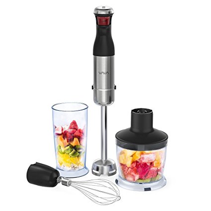 VAVA Hand Blender with TRUELY BPA-free Tritan Beeker & Chopper Bowl, 300W 5-Speed Immersion Blender 4-in-1 Set with Whisk for Shakes, Smoothies, Sauces, Baby food, Soup and more [FDA Approved]