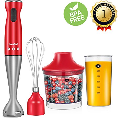 Comfee 4-in-1 Electric Immersion Hand Blender Set with 17oz/500ml Food Chopper, 20oz/600ml Beaker, Balloon Whisk, Stainless Steel Blending Shaft (Red)