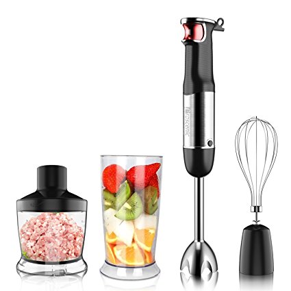 Proscenic Hand Immersion Blender, 800 Watt Powerful Smart Speed Control Hand Blender Set, 4-in-1 Handheld Stick Blender Mixer Includes Food Chopper, Stainless Steel Blades, Whisk, and BPA-Free Beaker