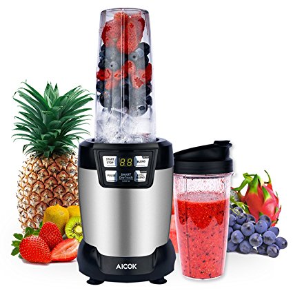 Aicok Smoothie Blender, Personal Blender Single Serve with LED Smart One Touch, Two Large Tritan Travel Cups(35oz and 28oz), 1200Watt, High Speed Professional Blender, Silver