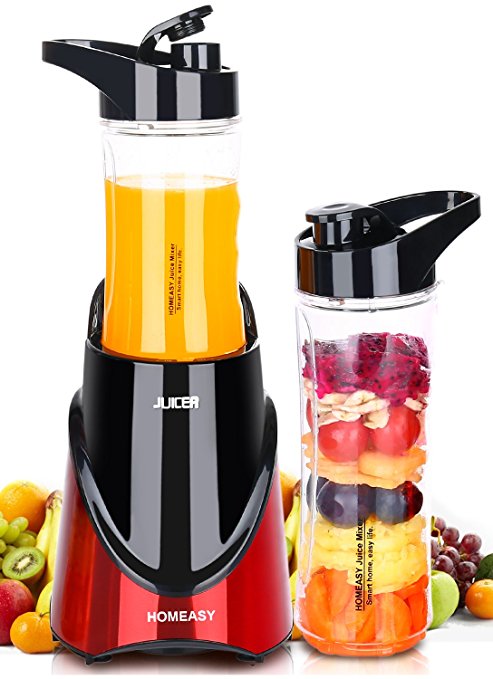 HOMEASY Personal Blender Electric Fruit Smoothie Juice Mixer with 2 Travel Lid Portable Sport Drink Bottle Tritan BPA-free [Two Years Warranty]