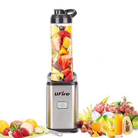 UFire Personal Blender, Single Serve, Stainless Steel Mini Blender with Travel Sports Bottle Lid, Smoothie Blender for Travel, 21 Ounce/ 350W/ Silver