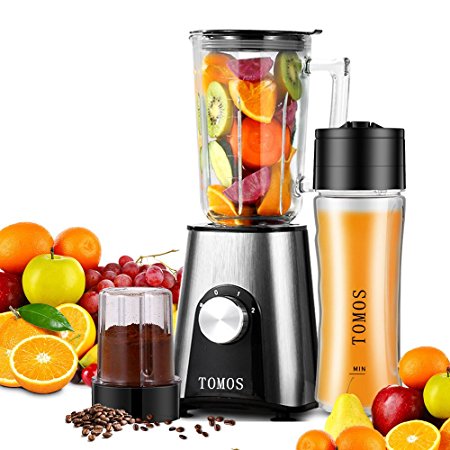Tomos Smoothie Blender, 300w Personal High Speed Blender for Shakes, Smoothies and Juice with 700ml Glass Jar and Travel Sport Vacuum Bottles