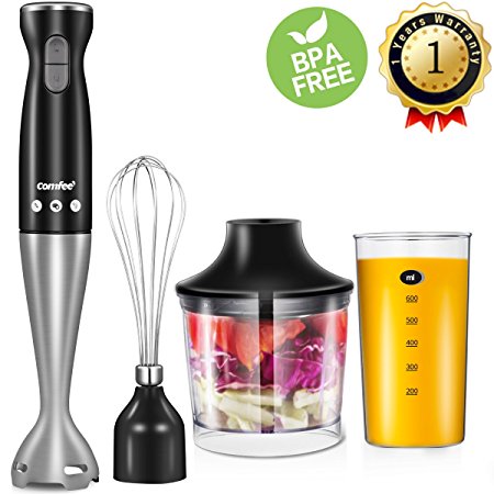 Comfee 4-in-1 Electric Immersion Hand Blender Set with 17oz/500ml Food Chopper, 20oz/600ml Beaker, Balloon Whisk, Stainless Steel Blending Shaft (Black)