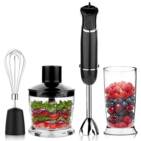 OXA Smart Powerful 4-in-1 Immersion Hand Blender Set - Variable 6 Speed Control - Includes 500ml Food Chopper, Egg Whisk, and BPA-Free Beaker (600ml) - Black
