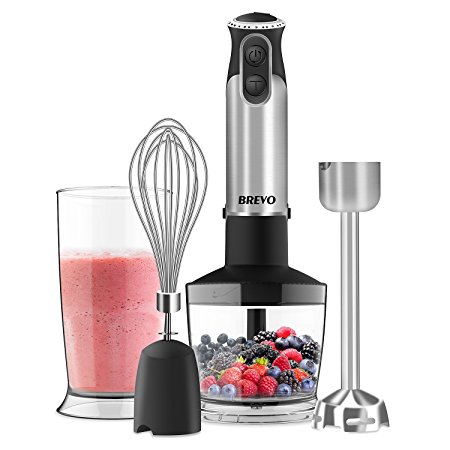 BREVO Immersion Hand Blender 300W High Power Variable Speed Control 4-in-1 Multifunctional Food Processor Smoothies Maker with Beaker, Chopper, Whisk