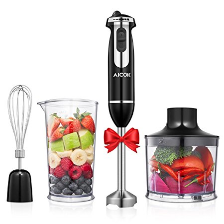 Aicok Immersion 4-in-1 Stick Blender with 6 Speed Control, Powerful Hand Mixer Sets Include Chopper, Whisk, Bpa Free Beaker (80