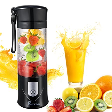 Portable Juicer Blender, Beckool Travel Personal USB Mixer Juice Cup with Updated 6 Blades and More Powerful Motor, 14Oz Bottle, 4000mAh Rechargeable Battery--Black