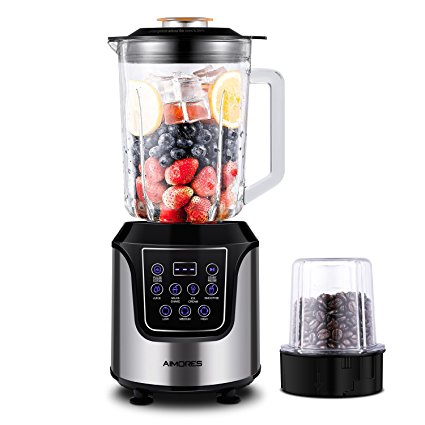 Aimores Commercial Blender for Shakes and Smoothies, Food Processor, 4-in-1 High Speed Programmed Juice Blender, with 52oz Glass Jug, Grinding Cup for Beans, 6 Blades, Tamper & Recipe, ETL/FDA(Silver)